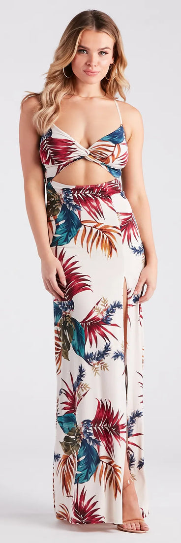 Vacation Awaits Tropical Print Cutout Maxi Dress