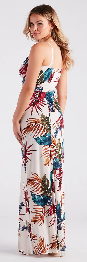 Vacation Awaits Tropical Print Cutout Maxi Dress