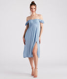 Just Peachy Keen Off-The-Shoulder Midi Dress