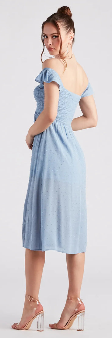 Just Peachy Keen Off-The-Shoulder Midi Dress