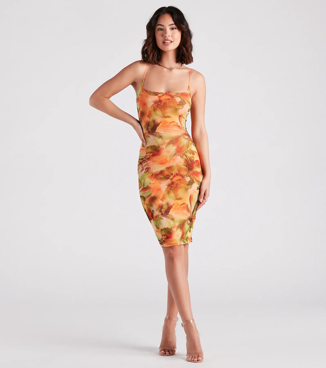 Vacation Mode Half Sleeves Back Cut-out Birdie Floral Midi Dress main image 0