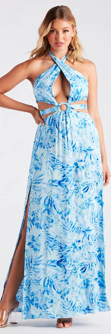 Miami Mood Tropical Print Cutout Maxi Dress