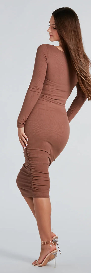 Twisted Up Long Sleeve Rib Knit Midi Dress