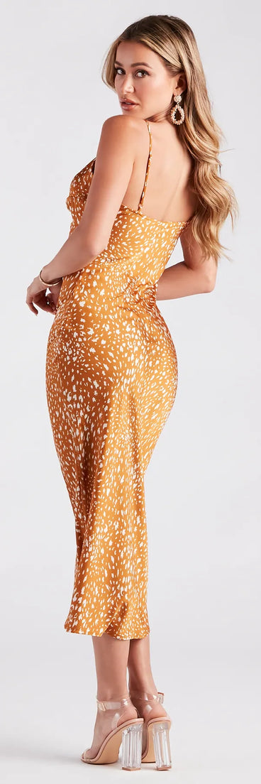 satin leopard midi dress Leopard Print Satin Midi Dress Brown