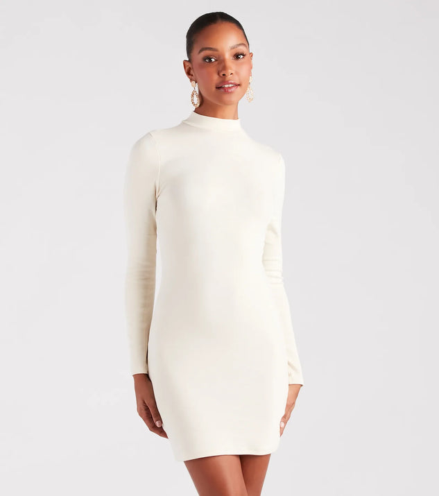 The High Appeal Mock Neck Bodycon Mini Dress offers a versatile spring style, with a cozy sweater knit perfect for office wear, casual day outings, or layered outfits.