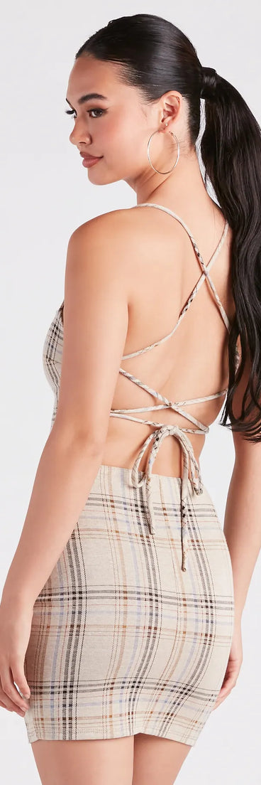 Perfect Match Plaid Lace-Up Mini Dress