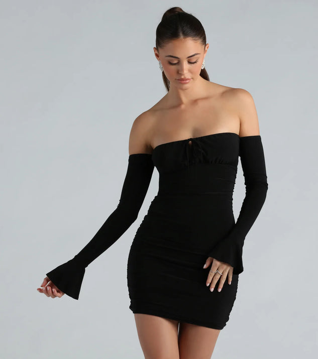 Make It Sexy Off-The-Shoulder Mini Dress, a trendy black mini dress featuring modern details and a fresh seasonal hue, perfect for creating chic 2025 looks.