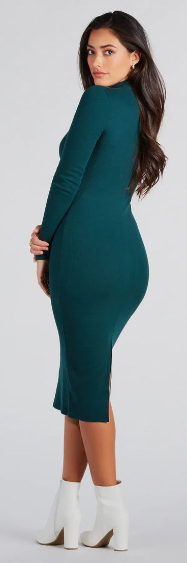 Revamp your 2025 wardrobe with this chic addition, the Good Looks Mock Neck Long Sleeve Knit Midi Dress in hunter green, perfect for elevating your style in the new year.