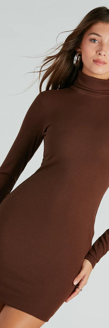 The Trendy Element Turtleneck Long Sleeve Mini Dress offers a transitional weather style, with a cozy sweater knit perfect for office wear, casual day outings, or layered outfits.