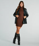 Make a bold statement in the Trendy Element Turtleneck Long Sleeve Mini Dress in brown, the perfect spring dress for weddings, cocktail hours, nights out, and/or seasonal celebrations.