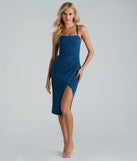 The midi dress length on the Well Played Denim Bodycon Wrap Midi Dress provides an elevated silhouette perfect for any party, occasion, or everyday styling.