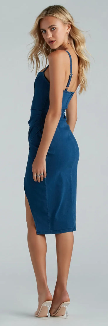 The Well Played Denim Bodycon Wrap Midi Dress is a casual dress for more than special occasions with a fitted or flowy silhouette and accents in the most recent trends!