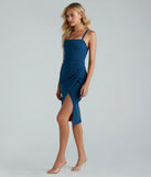 The midi dress length on the Well Played Denim Bodycon Wrap Midi Dress provides an elevated silhouette perfect for any party, occasion, or everyday styling.