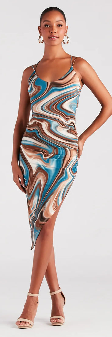 Swirls Of Attraction Strappy Marble Print Midi Dress