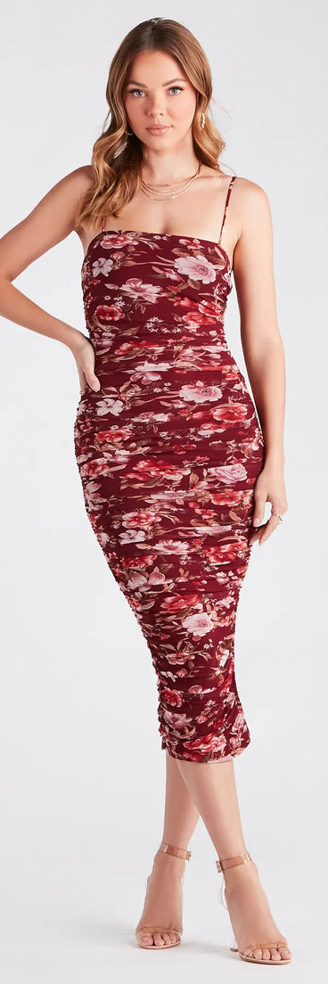 Fresh In Floral Ruched Mesh Midi Dress