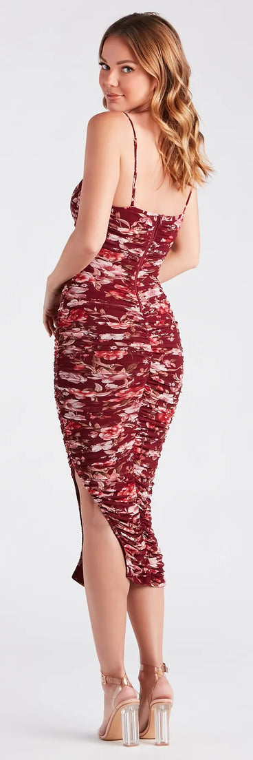 Fresh In Floral Ruched Mesh Midi Dress