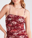 Fresh In Floral Ruched Mesh Midi Dress