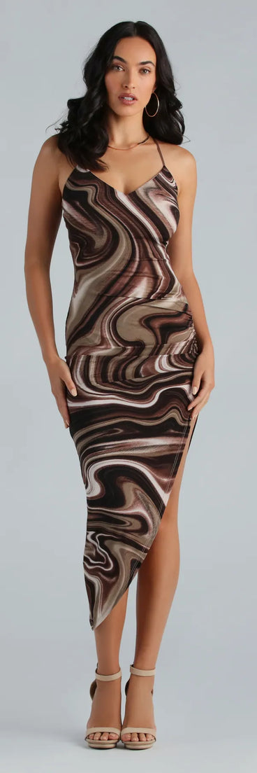 brown and white marble dress Brown And Stone Marble Print Halter Neck Draped Waist Midi Dress 16
