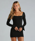 Simply Amazing Long Bell Sleeve Mini Dress, a trendy black mini dress featuring modern details and a fresh seasonal hue, perfect for creating chic 2025 looks.