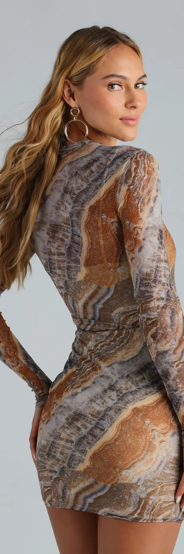 brown marble dress long sleeve ASOS DESIGN high neck ruched chevron detail maxi dress in brown marble print