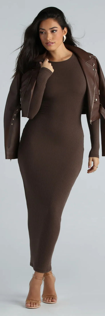 The Showstoppin' Staple Long Sleeve Maxi Dress in brown is a women's workwear essential with an elevated fabric and chic silhouette, ideal for layering and versatile enough to take your look from office chic to going-out ready!