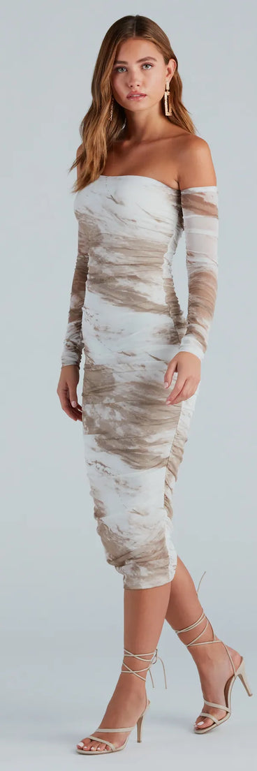 The midi dress length on the Living A Dream Marble Off-The-Shoulder Midi Dress provides an elevated silhouette perfect for any party, occasion, or everyday styling.