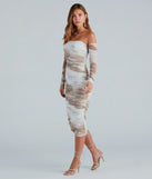 The midi dress length on the Living A Dream Marble Off-The-Shoulder Midi Dress provides an elevated silhouette perfect for any party, occasion, or everyday styling.