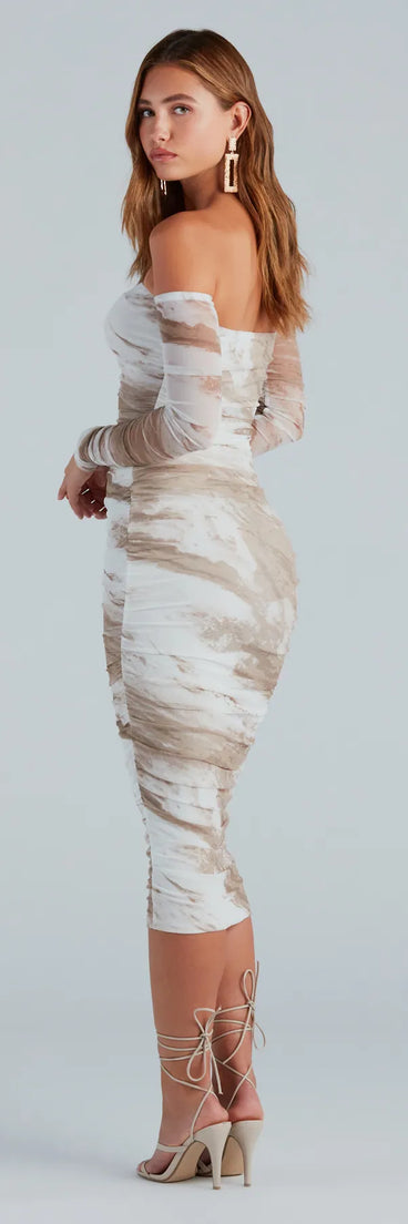 The Living A Dream Marble Off-The-Shoulder Midi Dress is a natural midi dress, featuring an elevated midi-length silhouette perfect for wedding guest attire, romantic date nights, or effortless everyday styling.