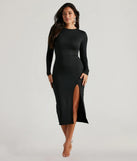 The Standout Staple Crew Neck Cutout Midi Dress in black is a women's workwear essential with an elevated fabric and chic silhouette, ideal for layering and versatile enough to take your look from office chic to going-out ready!