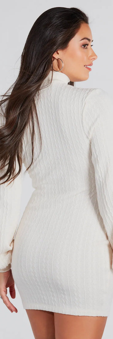 Winter Beauty Cable Knit Mock Neck Mini Dress
