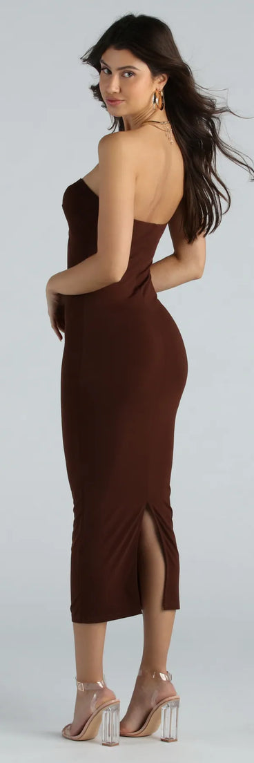 A Must Have Strapless Twist Midi Dress