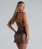 Revamp your 2025 wardrobe with this chic addition, the Time For Happy Hour Faux Leather Mini Dress in brown, perfect for elevating your style in the new year.