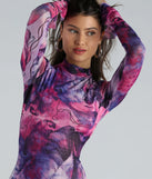 Step into winter chic with the Artsy Play Abstract Mock Neck Mini Dress, a pink mini dress featuring an above-the-knee cut ideal for cocktail parties, festive gatherings, or clubwear.
