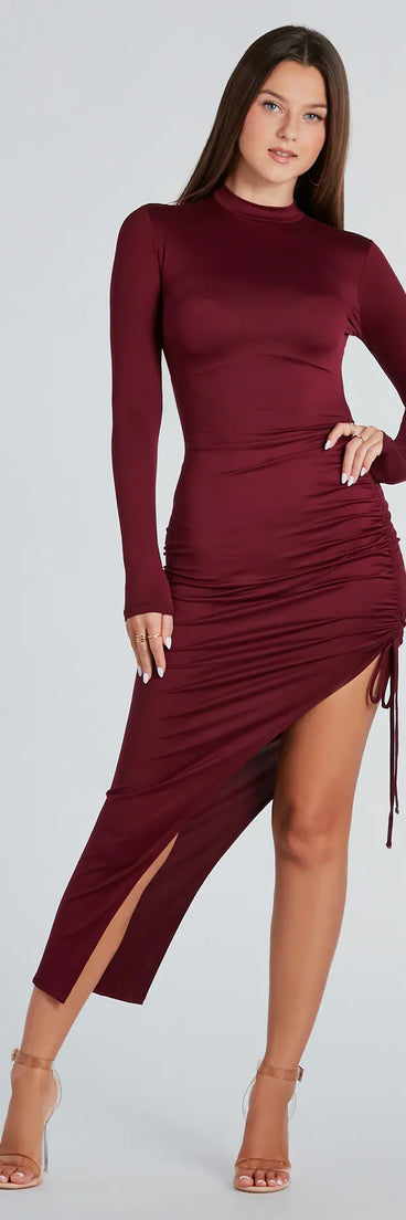 In The Lineup Mock Neck High Slit Midi Dress