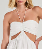 Step into winter chic with the Sweetie Status Halter Crochet Trim Babydoll Dress, a white mini dress featuring an above-the-knee cut ideal for cocktail parties, festive gatherings, or clubwear.