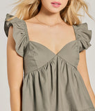 Step into winter chic with the Beyond Precious V-Neck Ruffle Babydoll Dress, a olive mini dress featuring an above-the-knee cut ideal for cocktail parties, festive gatherings, or clubwear.