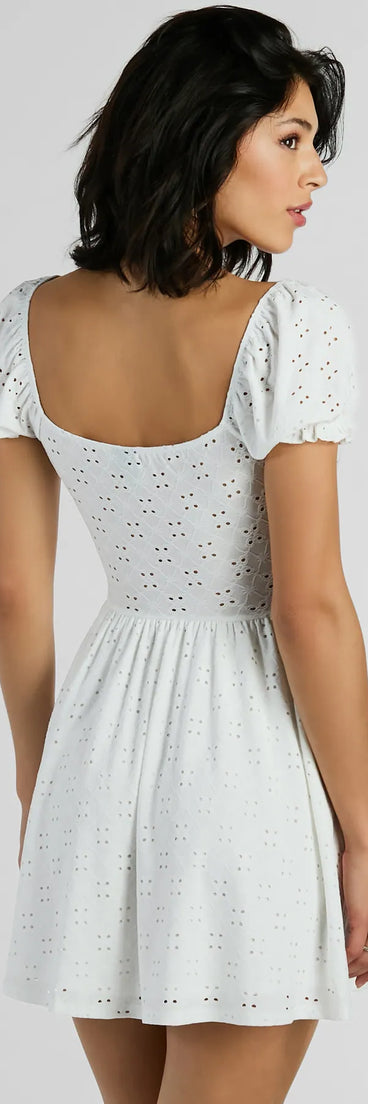 Charming Appeal Puff Sleeve Eyelet Knit Skater Dress