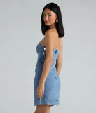 Button Up Babe Denim Strapless Mini Dress