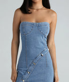Button Up Babe Denim Strapless Mini Dress