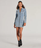 Make a bold statement in the Sweet Looking Long Sleeve Denim Mini Dress in denim blue, the perfect spring dress for weddings, cocktail hours, nights out, and/or seasonal celebrations.