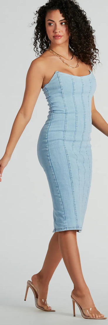 Crush-Worthy Strapless Denim Bodycon Midi Dress