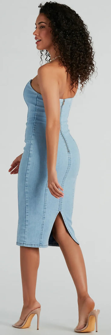 Crush-Worthy Strapless Denim Bodycon Midi Dress