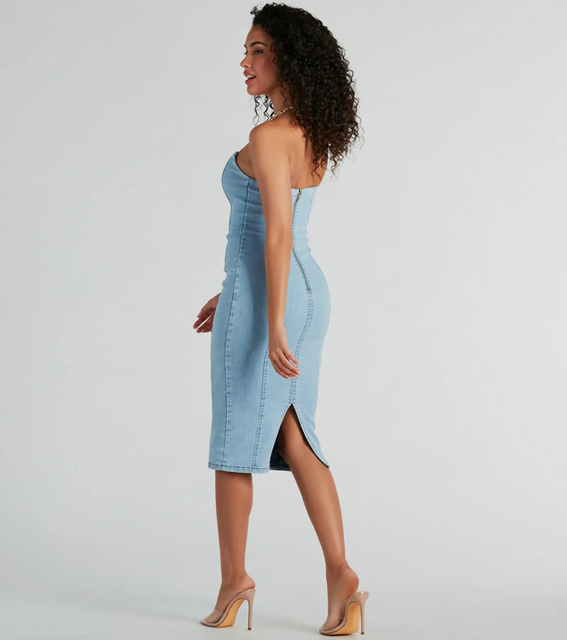 white christmas dresses Crush-Worthy Strapless Denim Bodycon Midi Dress