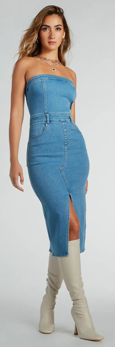 Trendy Topic Strapless Denim Midi Dress
