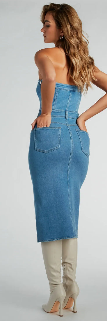 strapless denim midi dress Trendy Topic Strapless Denim Midi Dress