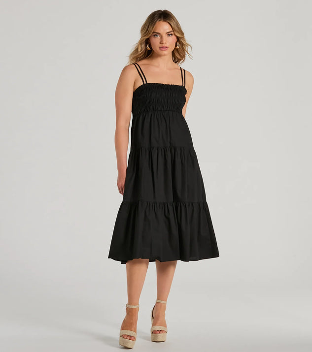 The midi dress length on the Darling Appeal Sleeveless Ruffled Midi Dress provides an elevated silhouette perfect for any party, occasion, or everyday styling.