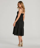 The Darling Appeal Sleeveless Ruffled Midi Dress is a black midi dress, featuring an elevated midi-length silhouette perfect for wedding guest attire, romantic date nights, or effortless everyday styling.