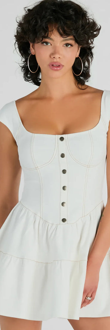 The Trendsetting Effect Ruffled Denim Skater Dress is a white dress, an essential holiday or NYE dress that pairs chic style with versatility making it perfect for cocktail events, New Year's Eve parties, or as a winter wedding guest look.