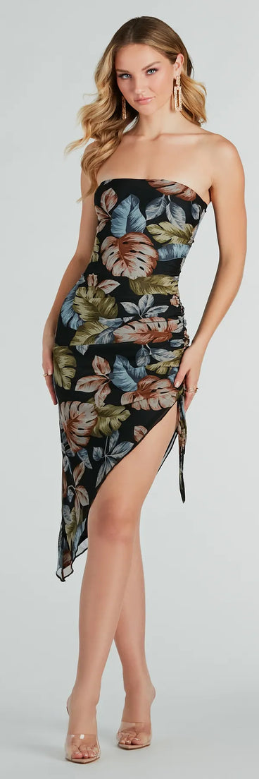 Jet Set For Sun Strapless Tropical Midi Dress
