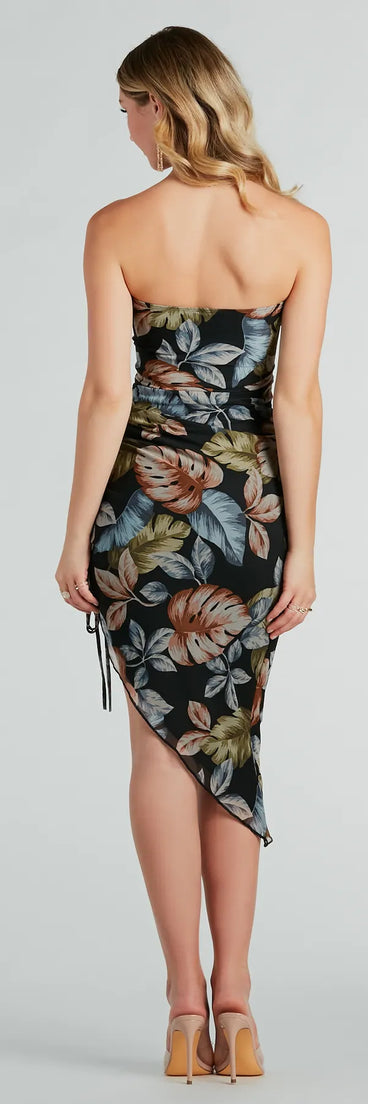 Jet Set For Sun Strapless Tropical Midi Dress
